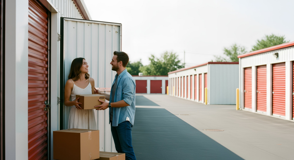 Couple moving belongings into a storage unit near Greenville SC